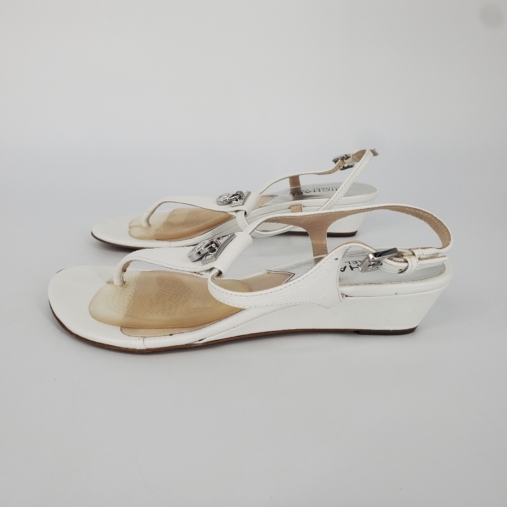 MICHAEL KORS MK Padlock Thong Sandals White Low Wedge Silver Women's 5M Shoes